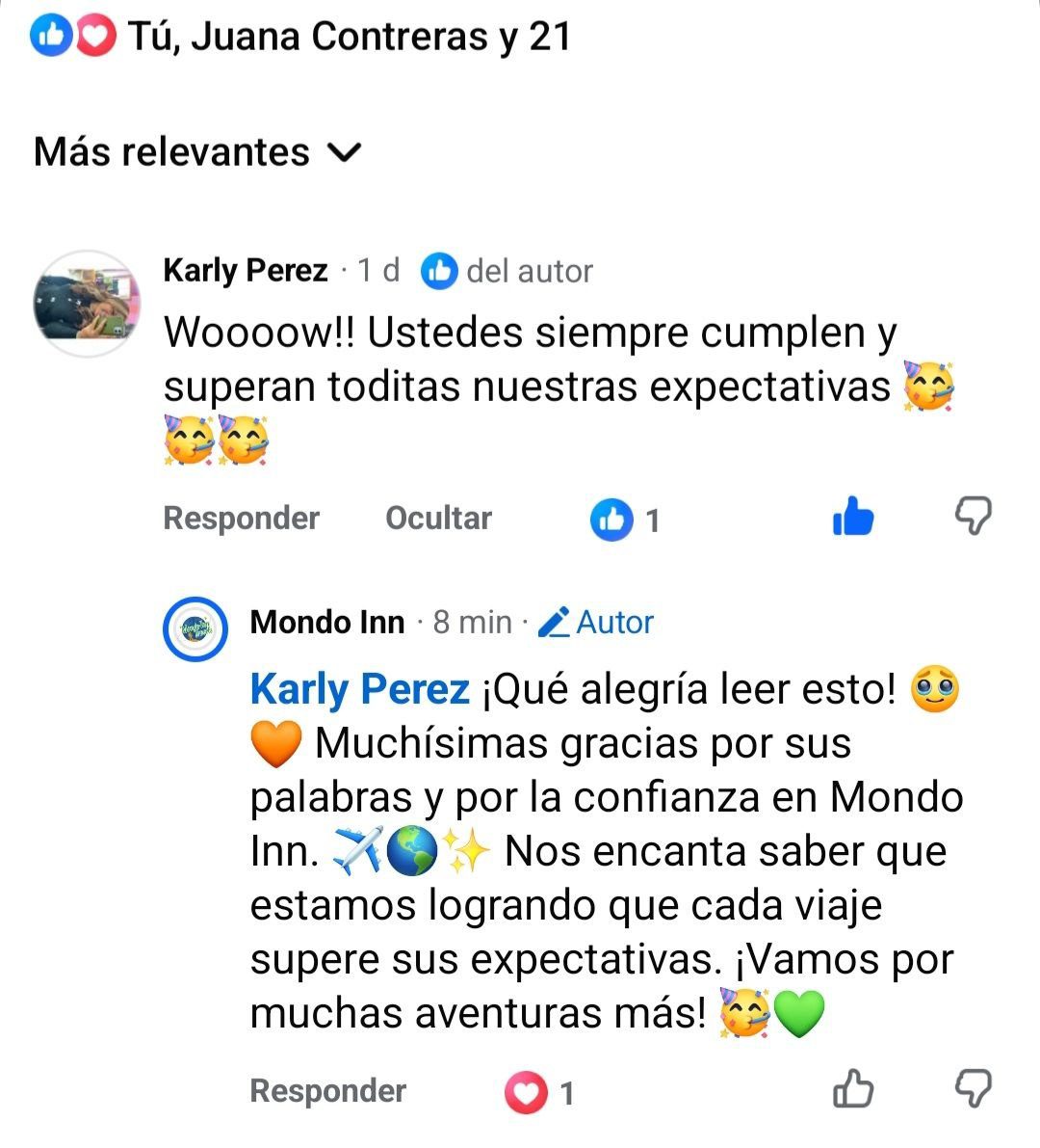 Karly Pérez agradece en Facebook la atención recibida en sus viajes nacionales con Mondo Inn Travels